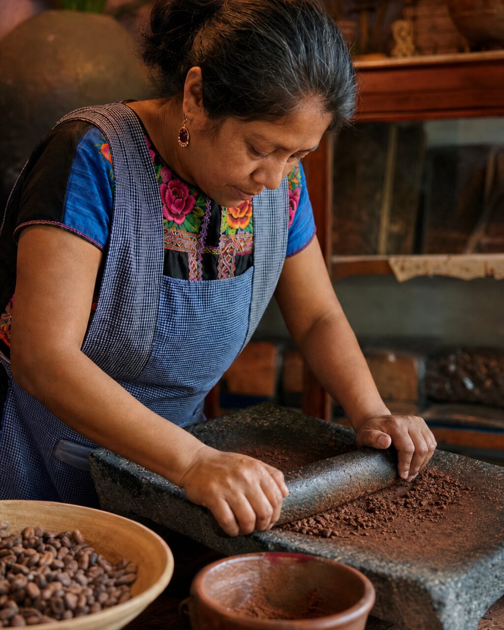 Gros plan sur le broyage du cacao au métate