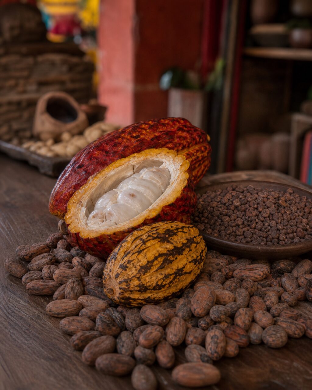 Close-up of an open cocoa pod and cacao beans