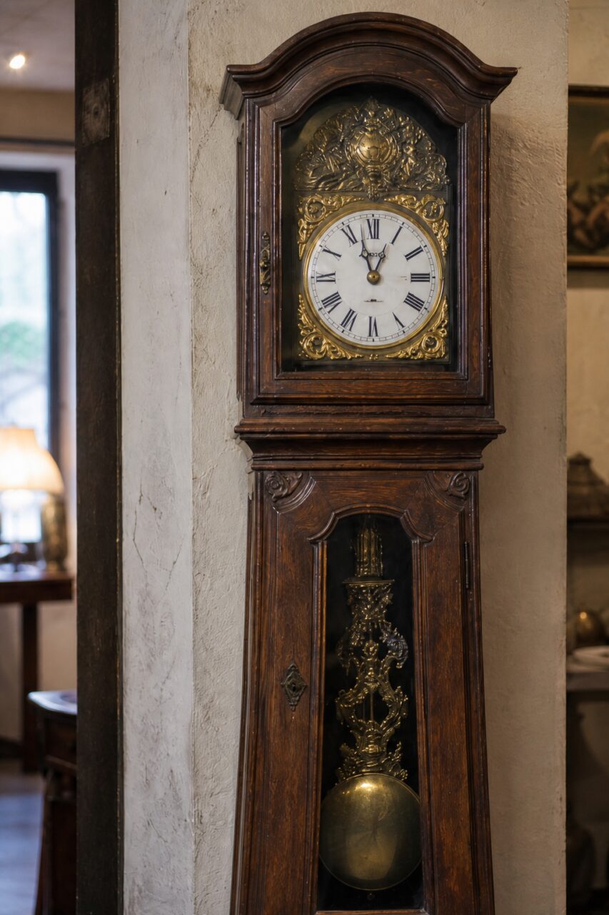 Primo piano verticale del quadrante romano e degli ornamenti dorati di un orologio a pendolo