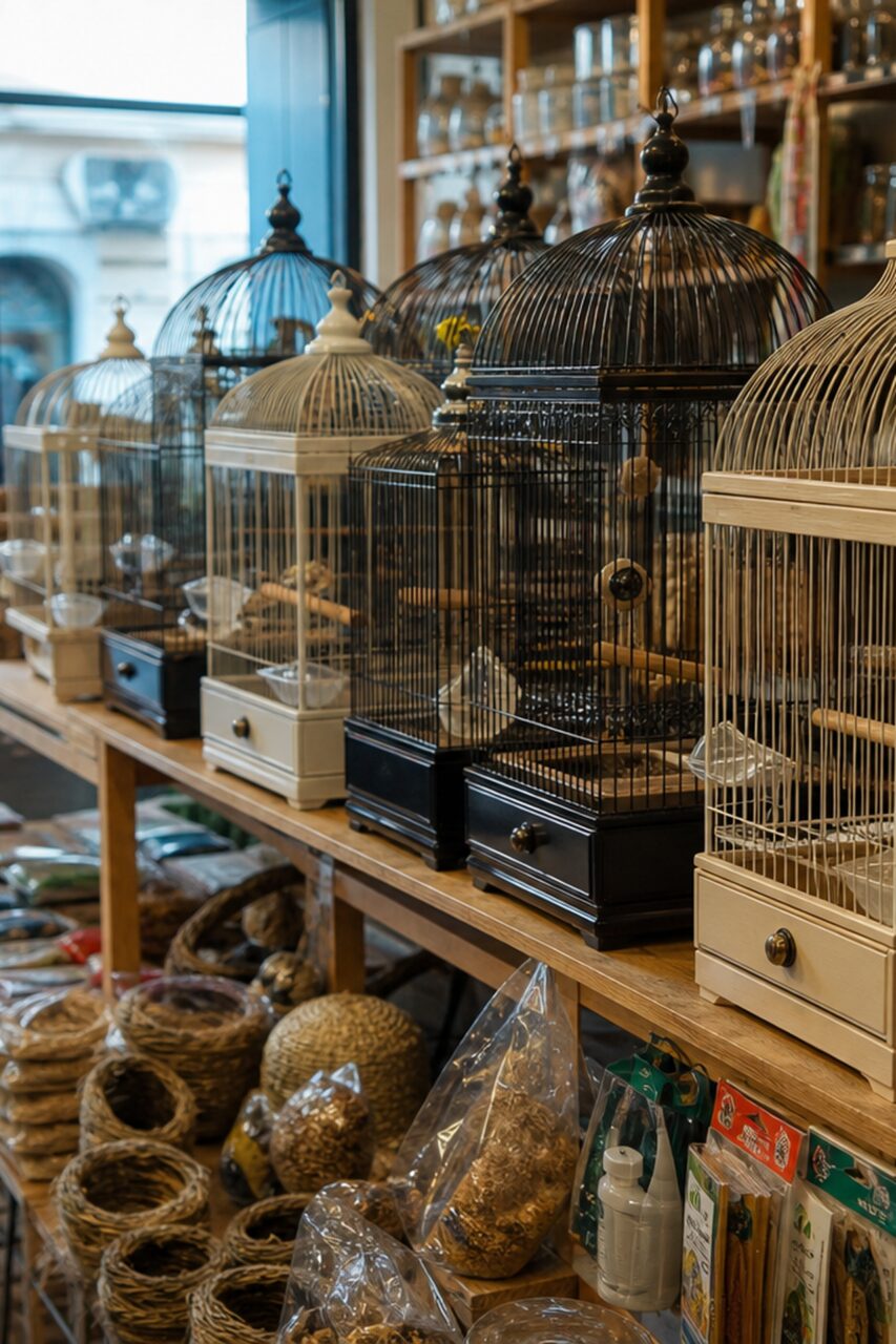 Vertikale Nahaufnahme gewölbter Vogelkäfige und Zubehör im Zoofachhandel