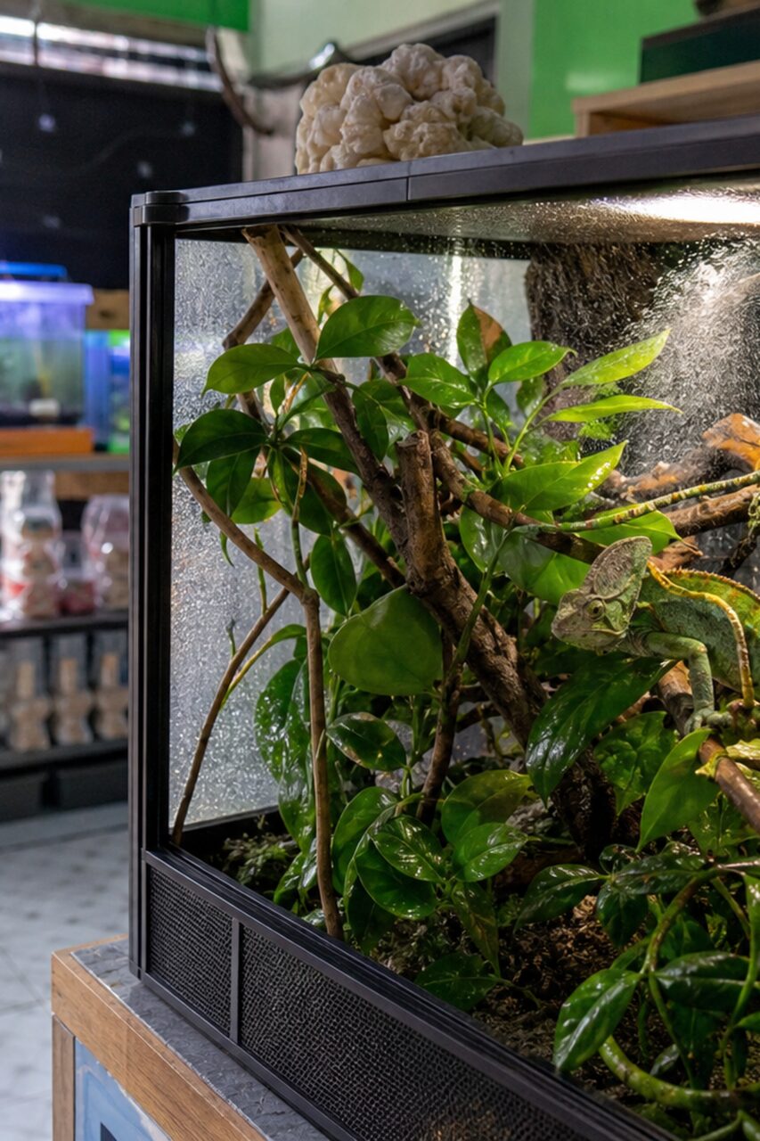 Close-up van een kameleon in een vochtig terrarium