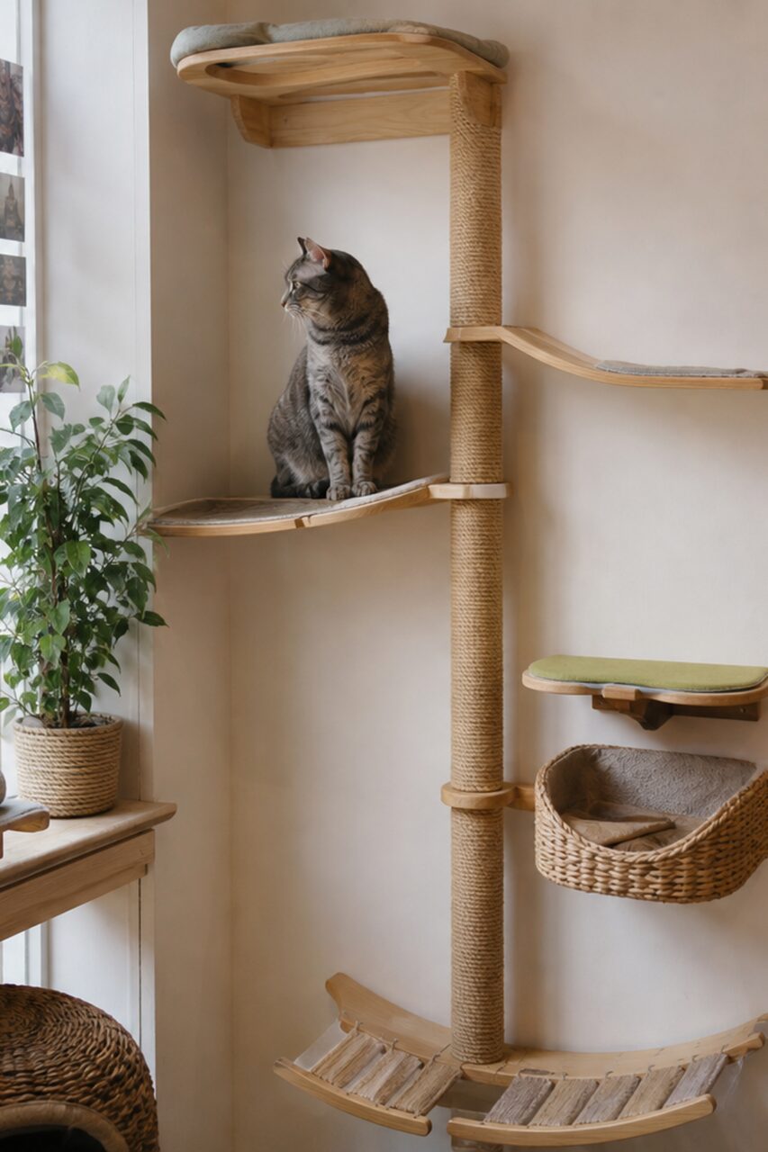 Grande plano de um gato tigrado num percurso mural
