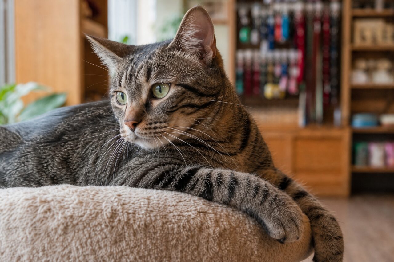Primo piano di un gatto tigrato sdraiato su un tiragraffi
