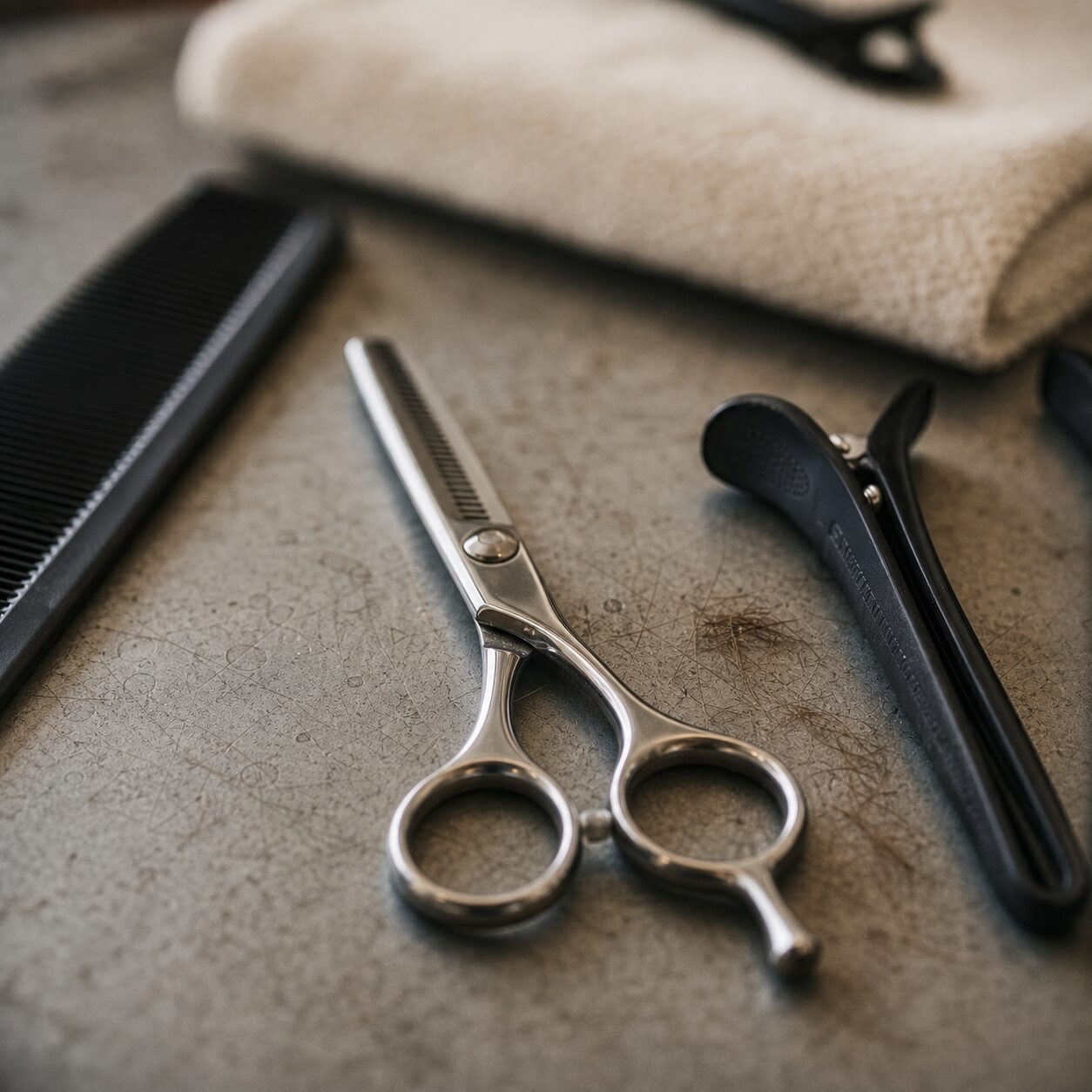 Close-up of thinning shears and an open black clip