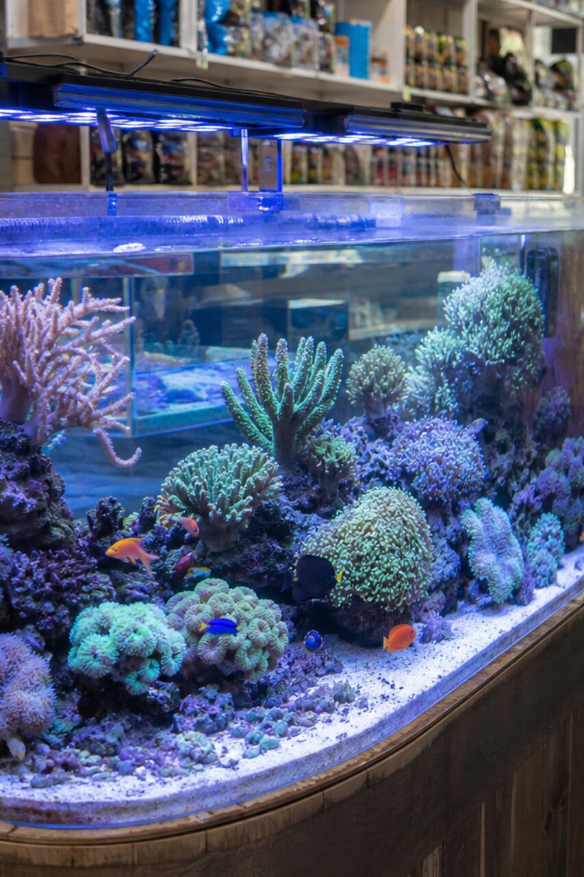Close-up van koralen in een rifaquarium