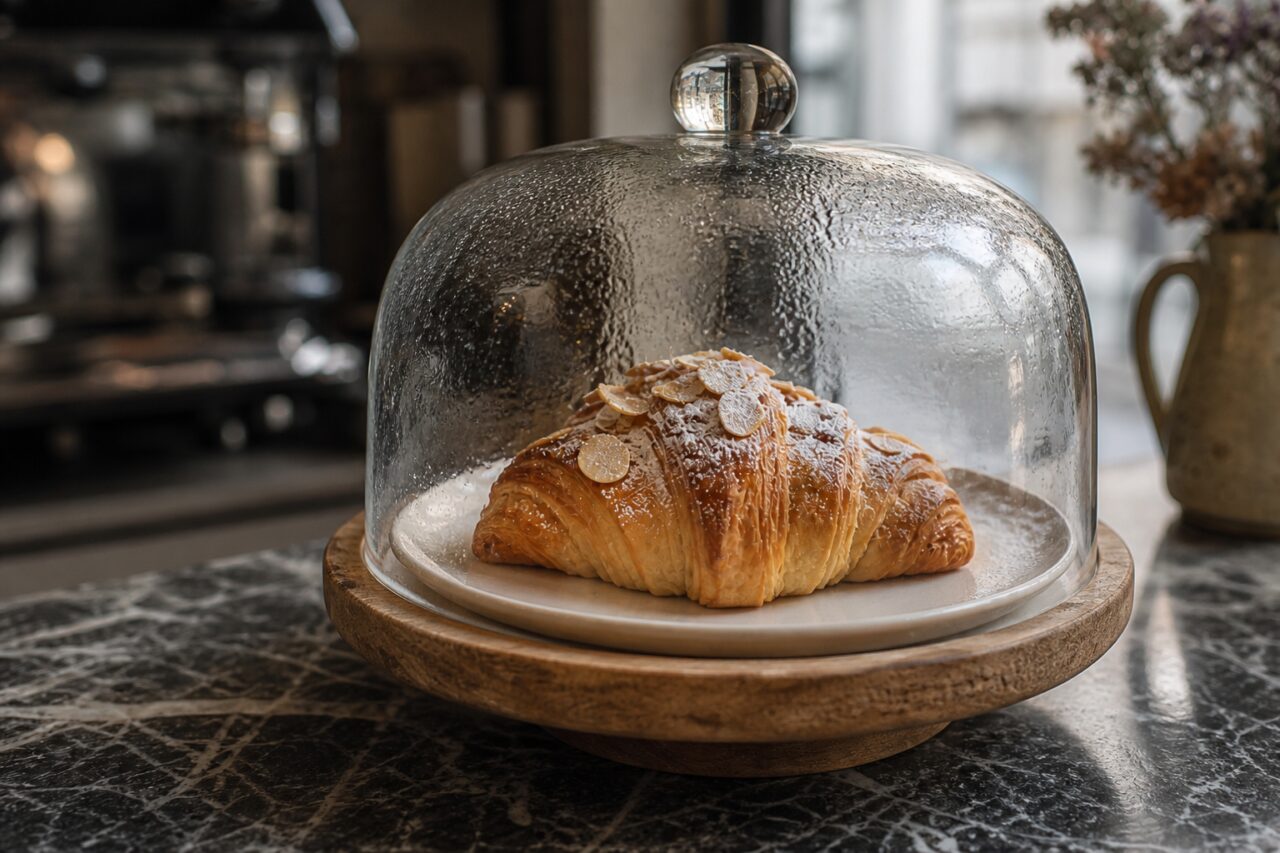 Primo piano di un croissant alle mandorle sotto una campana di vetro appannata