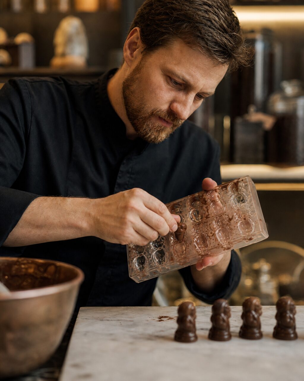 Close-up van het uitnemen van een chocoladefiguur