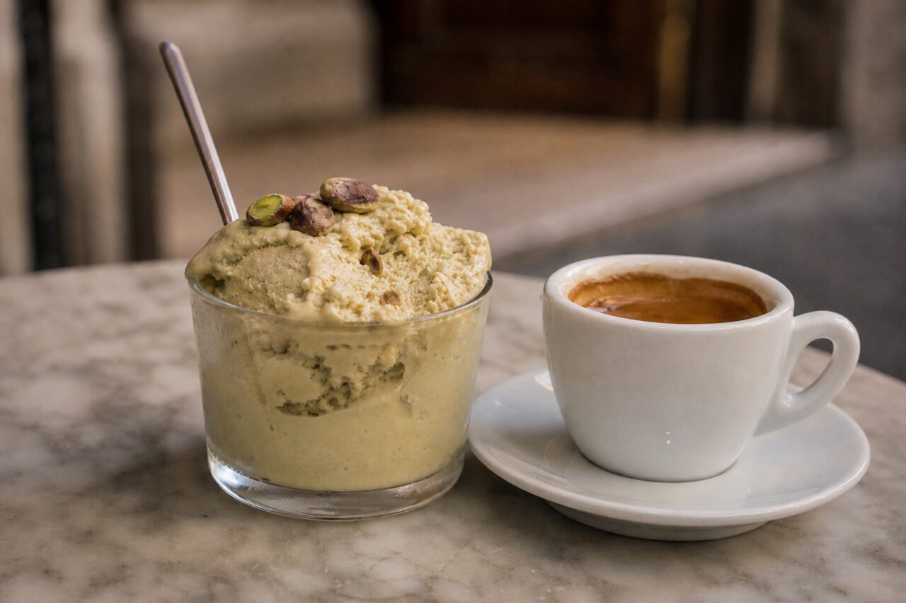 Close-up of pistachio-topped frozen dessert beside coffee