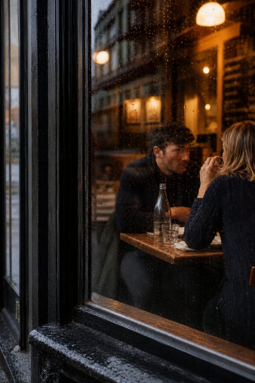Nabij beeld van twee gasten door het raam