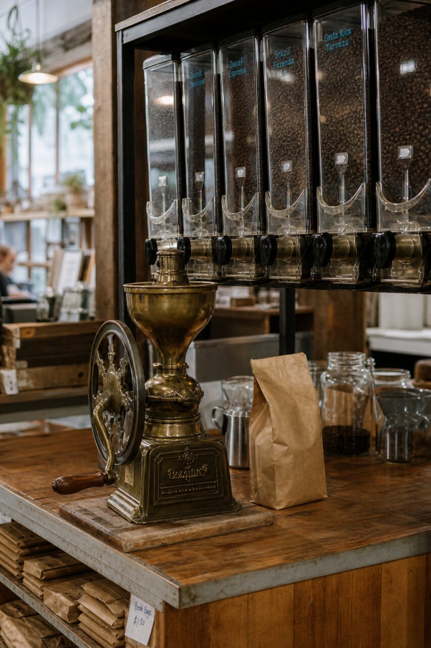 Nahaufnahme von Bohnenspendern und einer alten Kaffeemühle