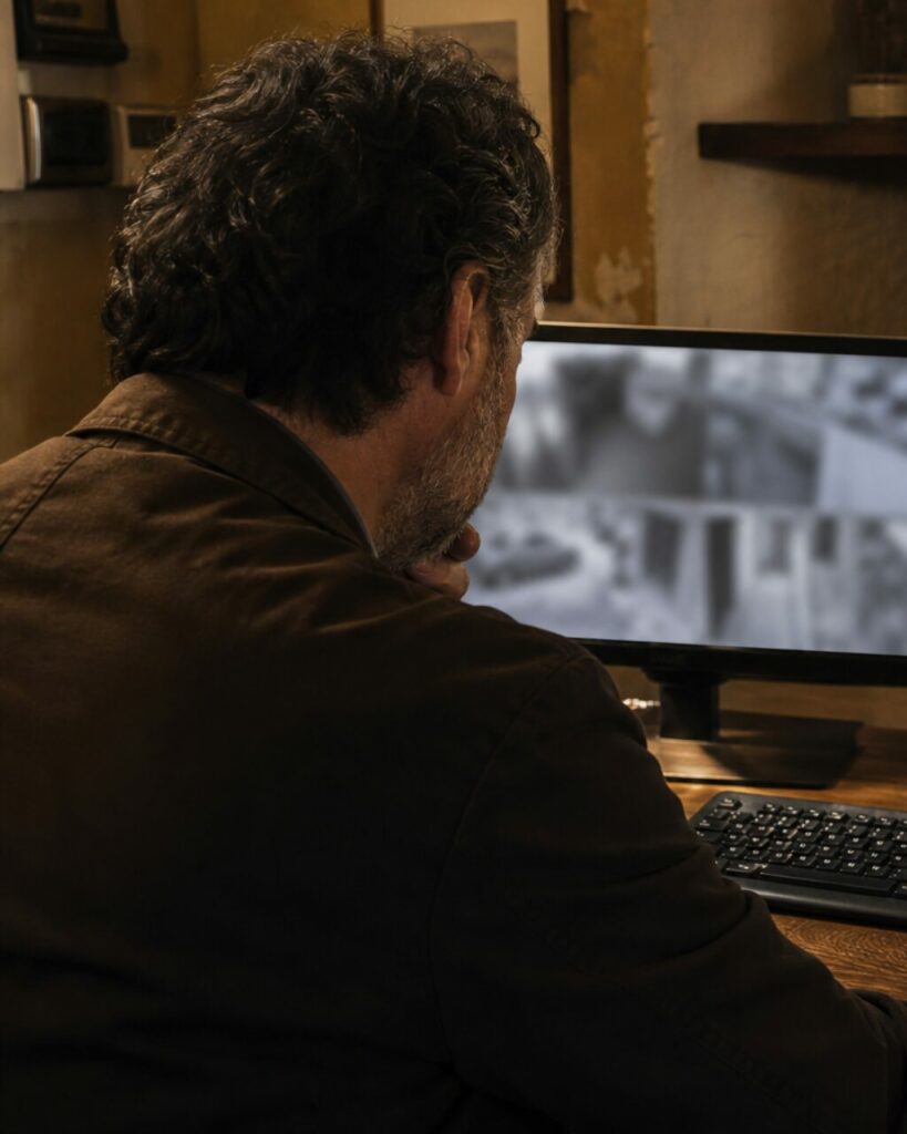 Gros plan de dos devant un écran aux images floues