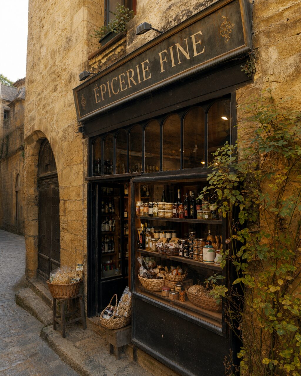 Grande plano de uma mercearia fina em Sarlat, frascos e garrafas atrás dos vidros arqueados
