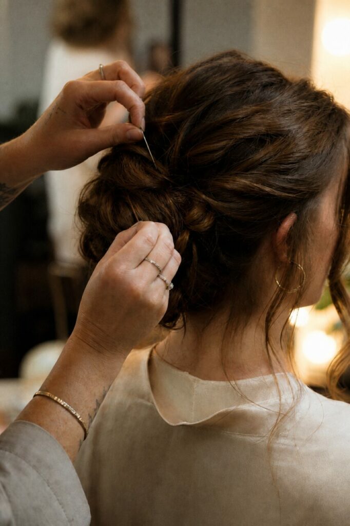 Torsades brunes et épingles forment un chignon soigné