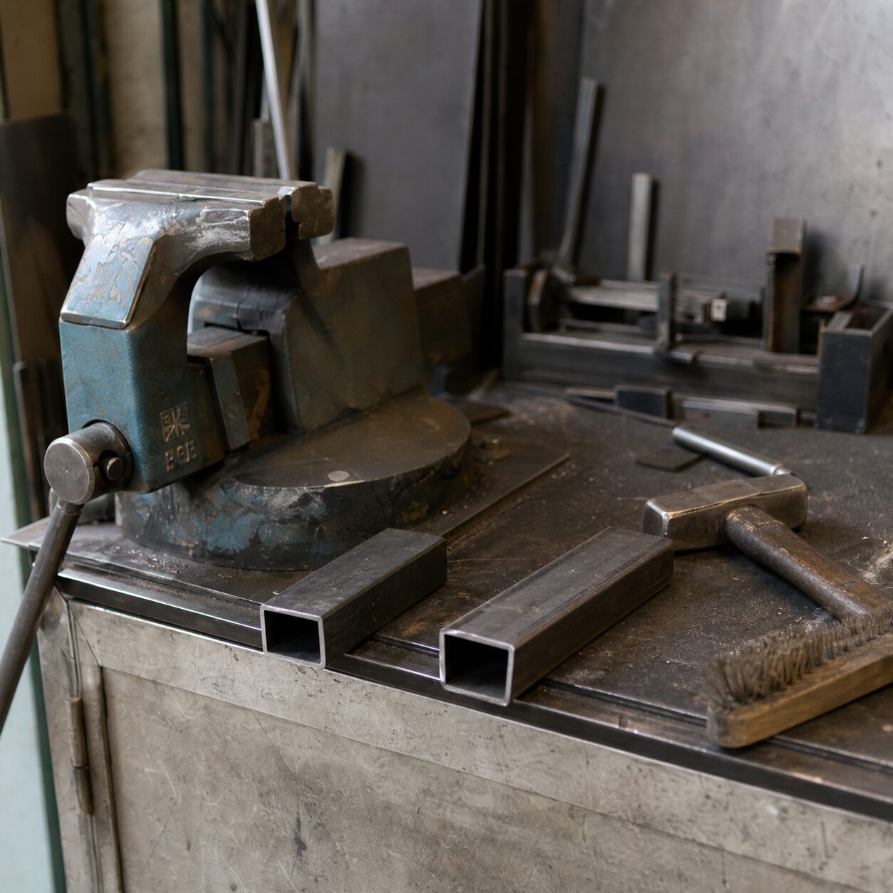 Close-up of a blue vise, steel sections and tools on a metalworker’s bench