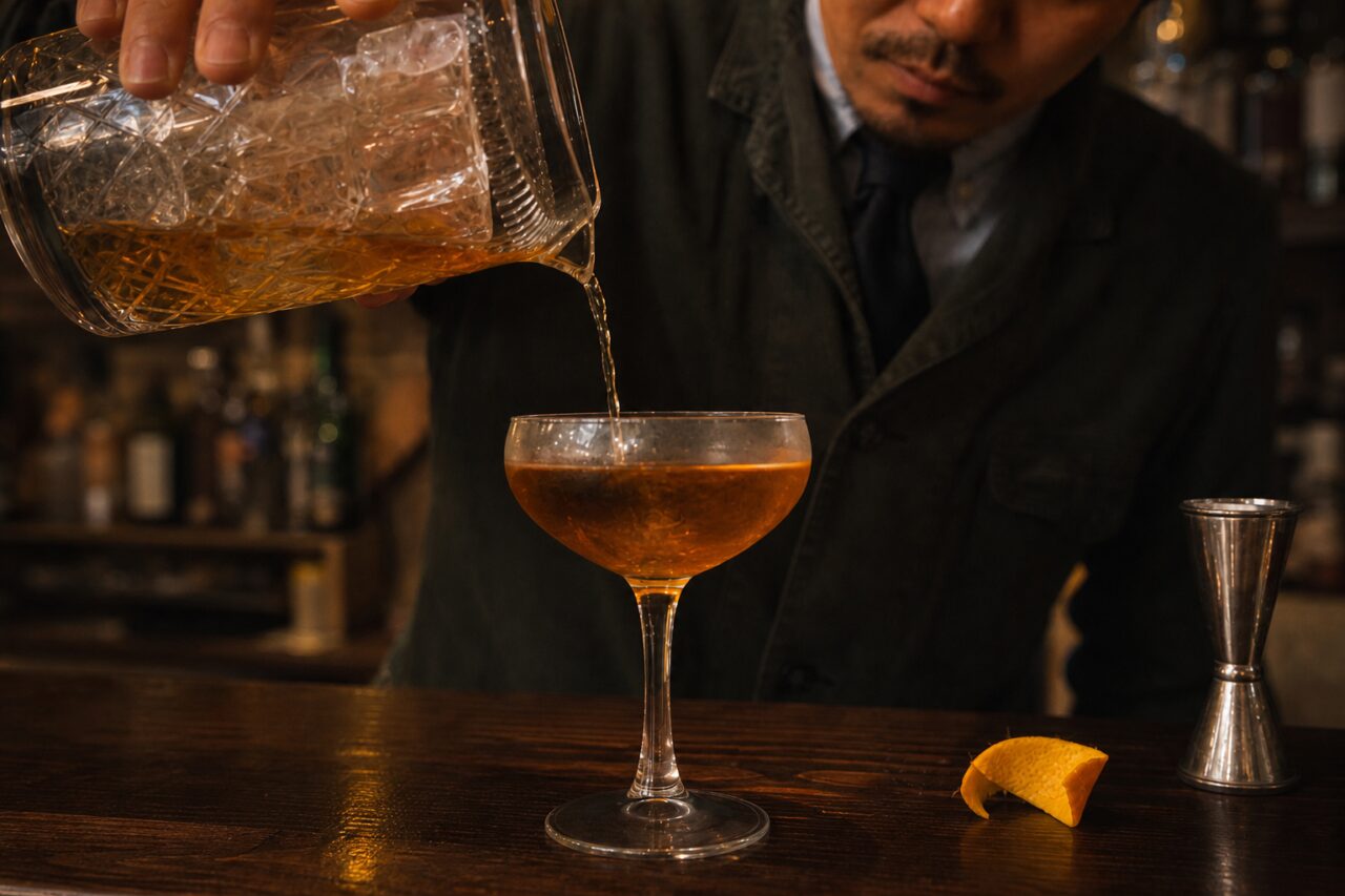Close-up of an amber stream filling a cocktail coupe