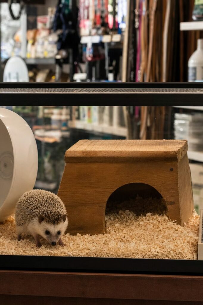 Close-up van een egel voor een houten schuilhuisje