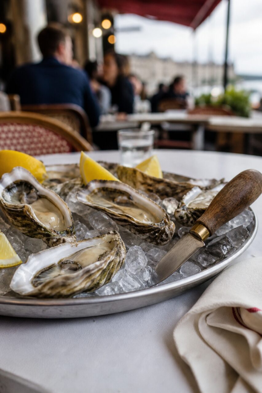 Vertical close-up of opened oysters with lemon and knife