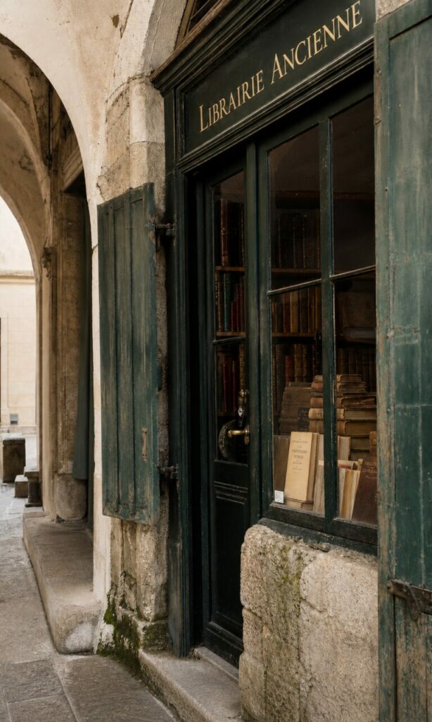 Gros plan sur une librairie ancienne à Arles, enseigne noire et livres derrière les volets verts