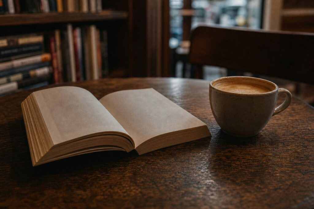 Nahaufnahme leerer Buchseiten und einer schaumigen Tasse