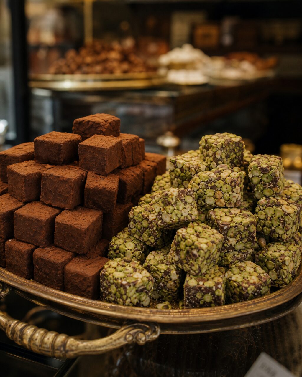 Primer plano de lokum de chocolate y pistacho