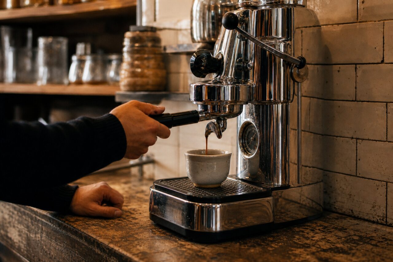 Chrome espresso machine in close-up as coffee runs into a cup