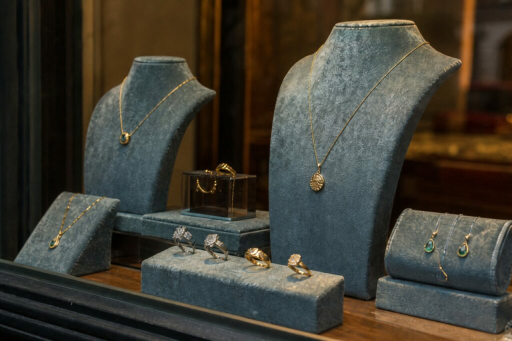 Nahansicht von Medaillon, Ringen und grünen Tropfen