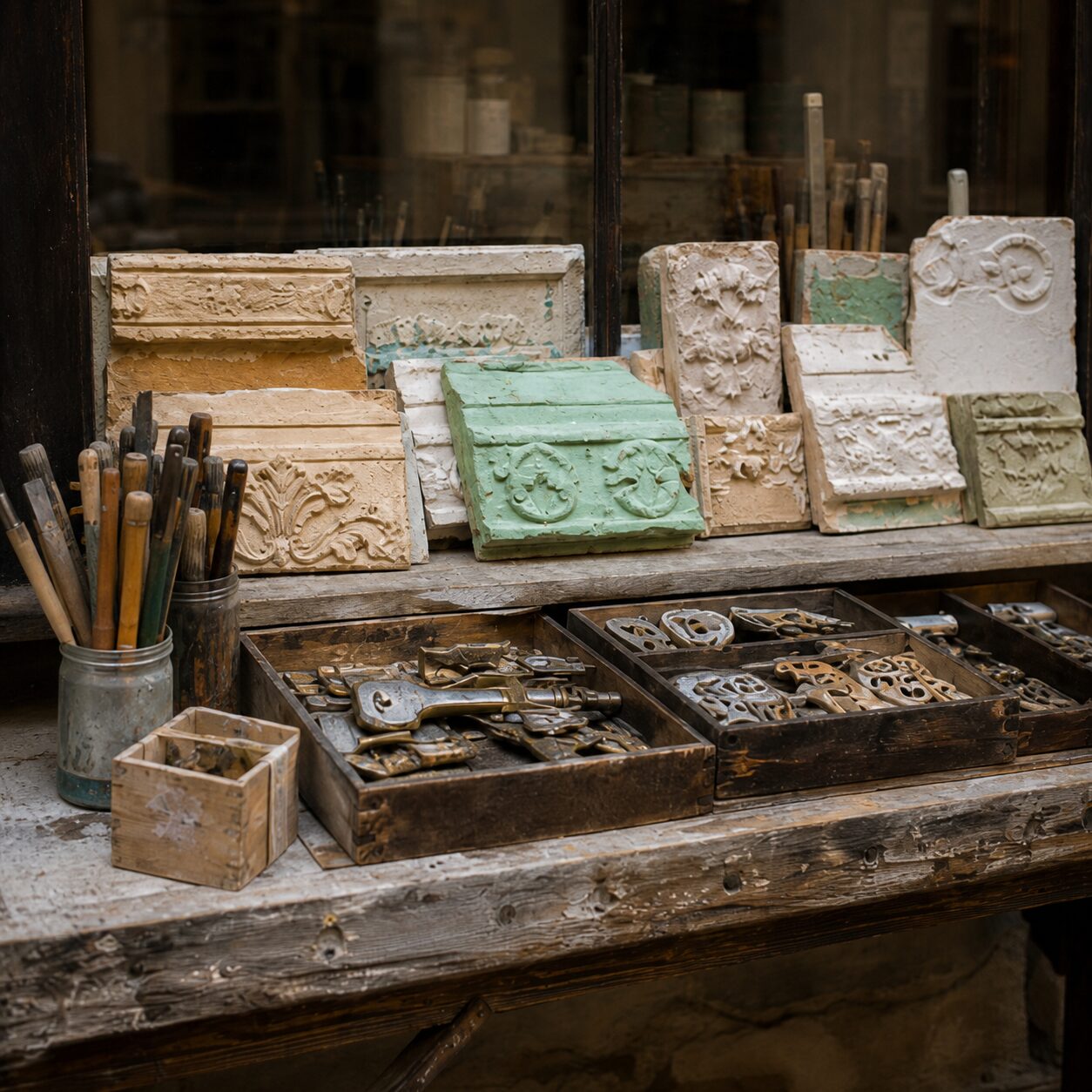 Close-up of decorative mouldings, brushes and workshop drawers in Prague