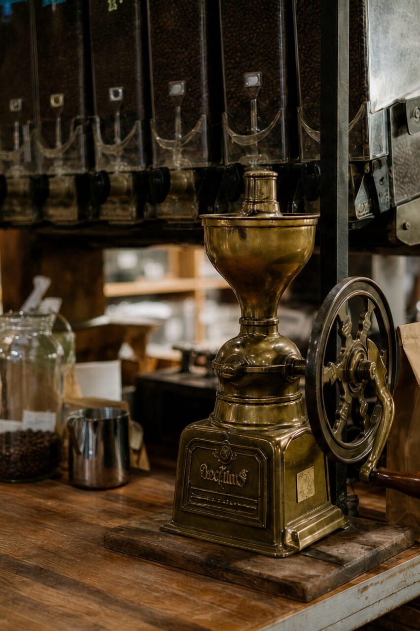 Close-up of a brass coffee grinder