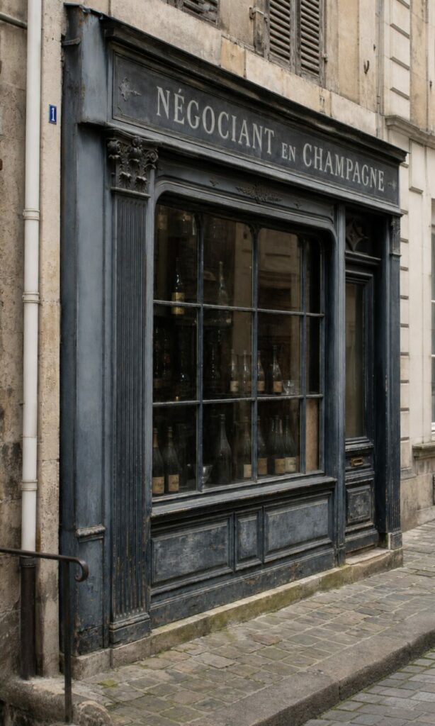 Gros plan sur un négociant en champagne à Reims, bouteilles derrière une vitrine bleue