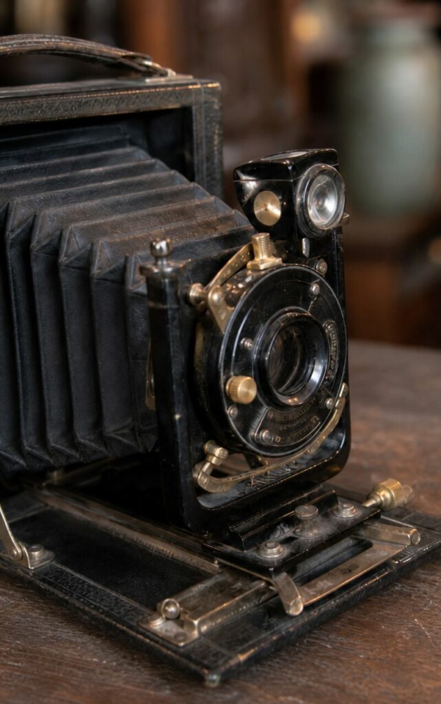 Gros plan vertical sur l’objectif, le viseur et les commandes d’un appareil photo pliant noir