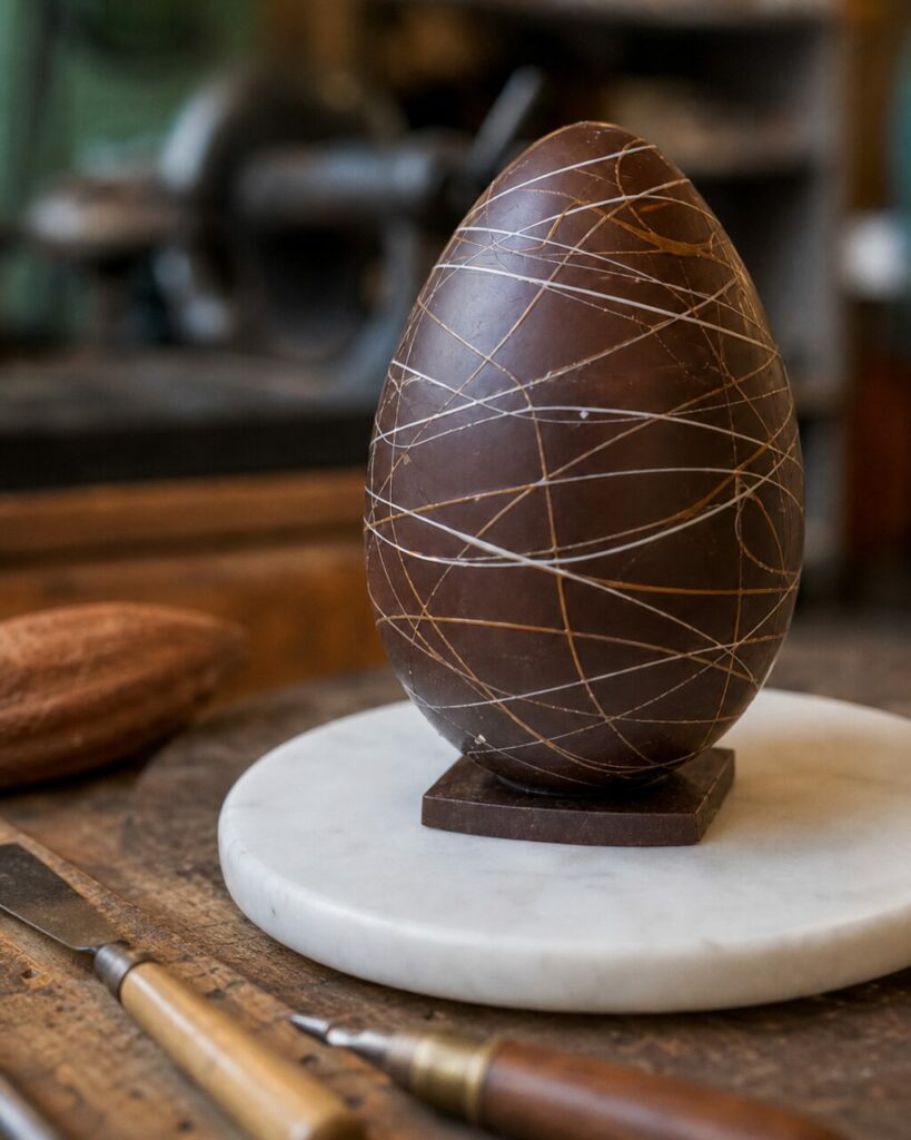 Gros plan sur un œuf en chocolat décoré