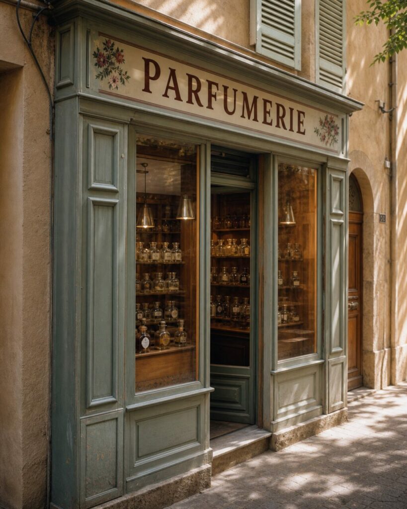 Gros plan sur une parfumerie d’Aix-en-Provence, flacons anciens et enseigne fleurie
