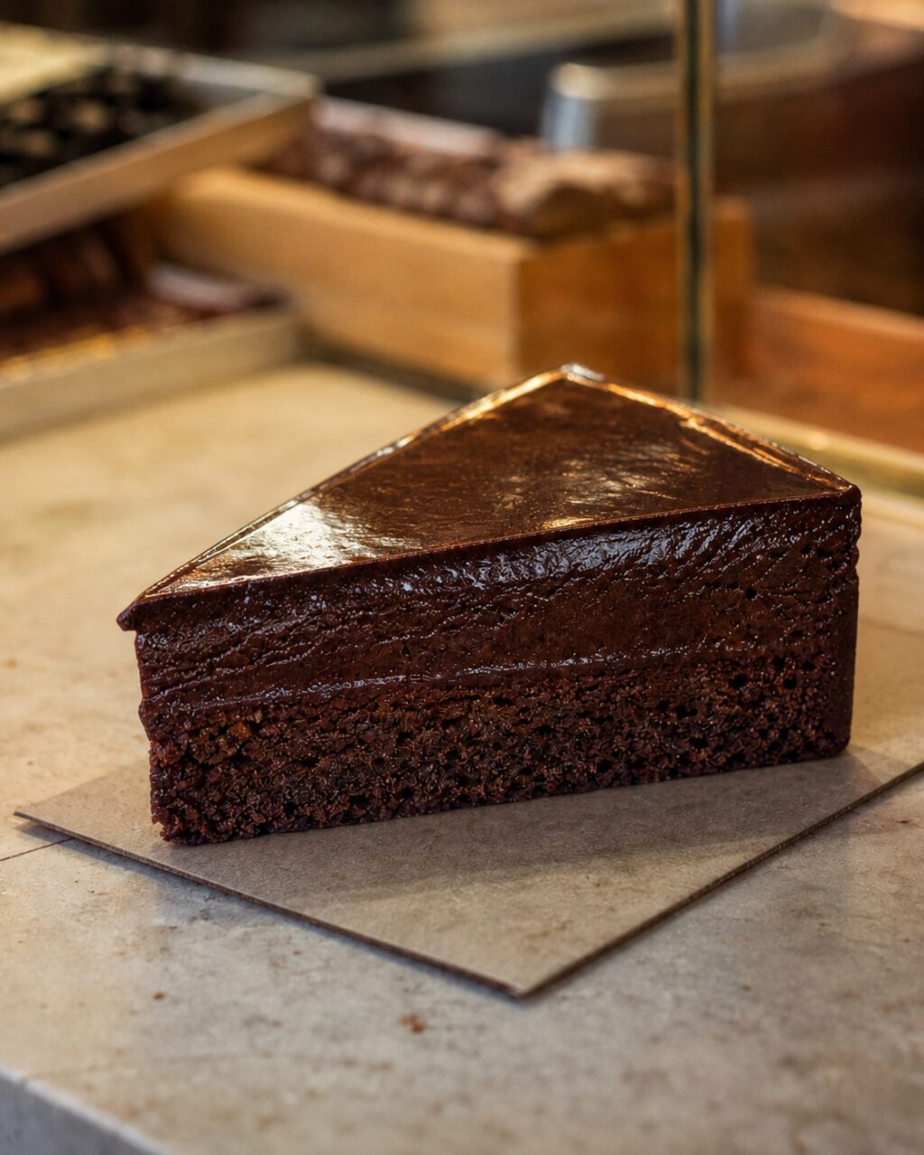 Nahaufnahme eines Stücks Sachertorte
