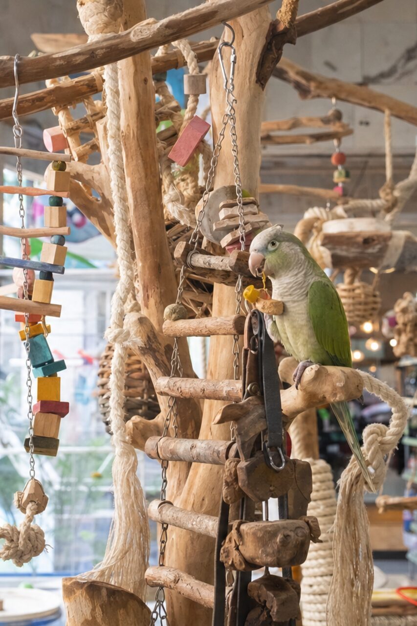 Gros plan sur un perroquet vert parmi les jouets suspendus