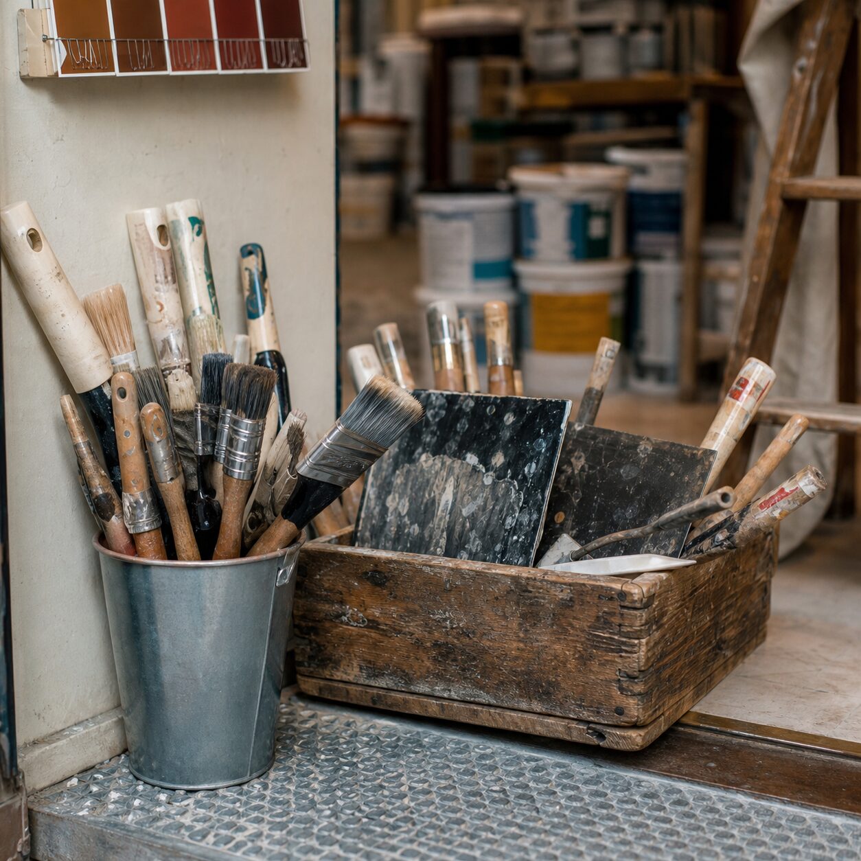Close-up of brushes and tools in a crate outside a paint depot