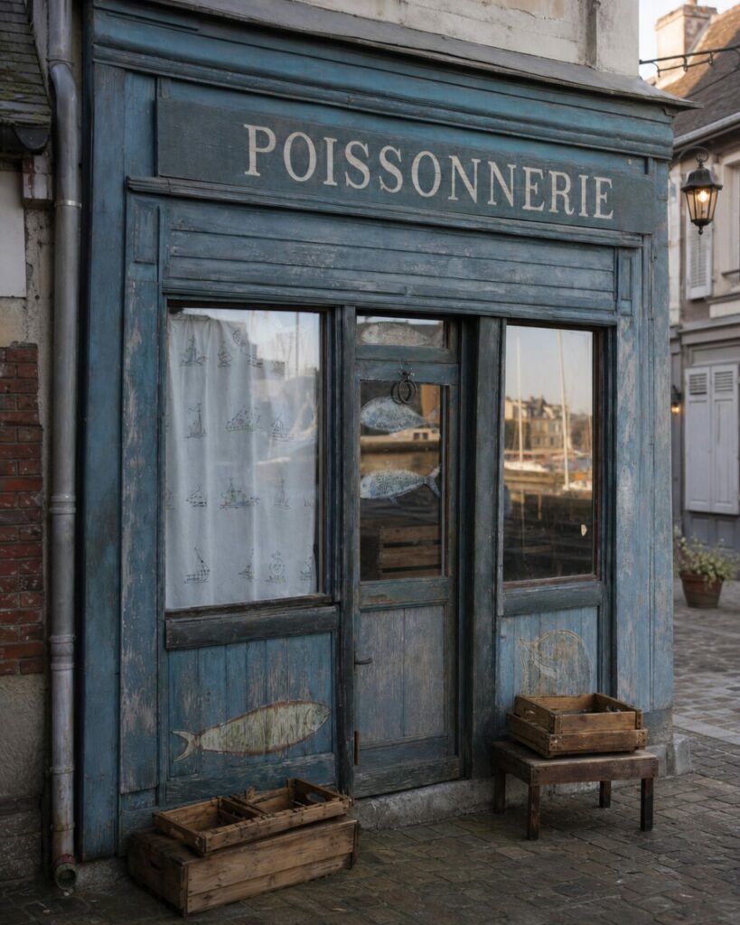 Gros plan sur une poissonnerie de Honfleur, enseigne bleue, poissons décoratifs et vitrine du port