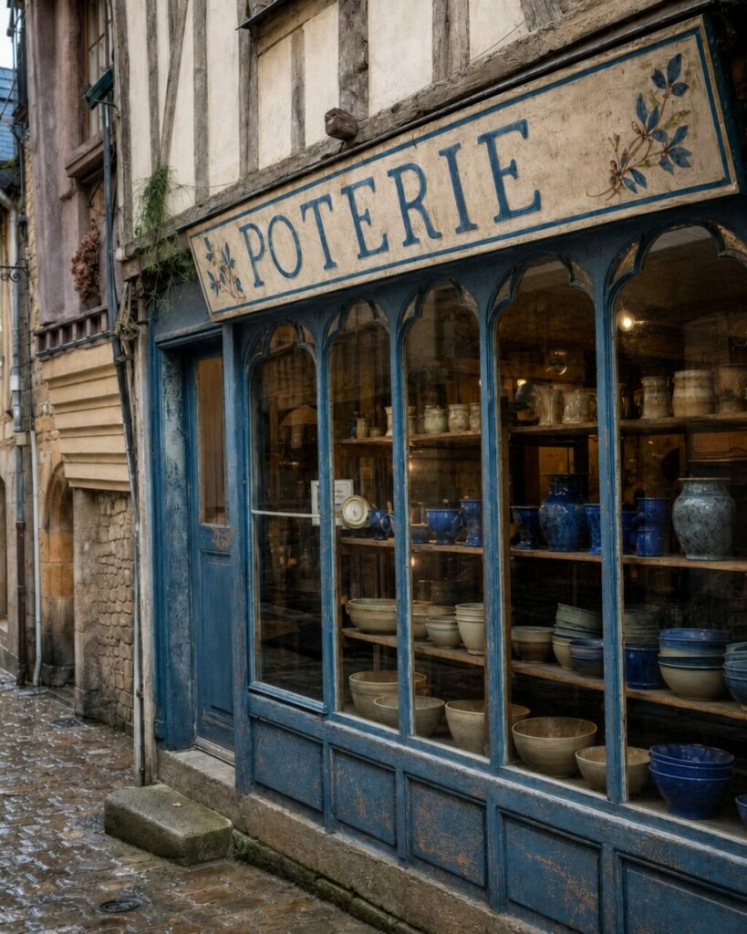 Poterie de Vannes aux bols bleus et vases derrière les anciennes vitrines