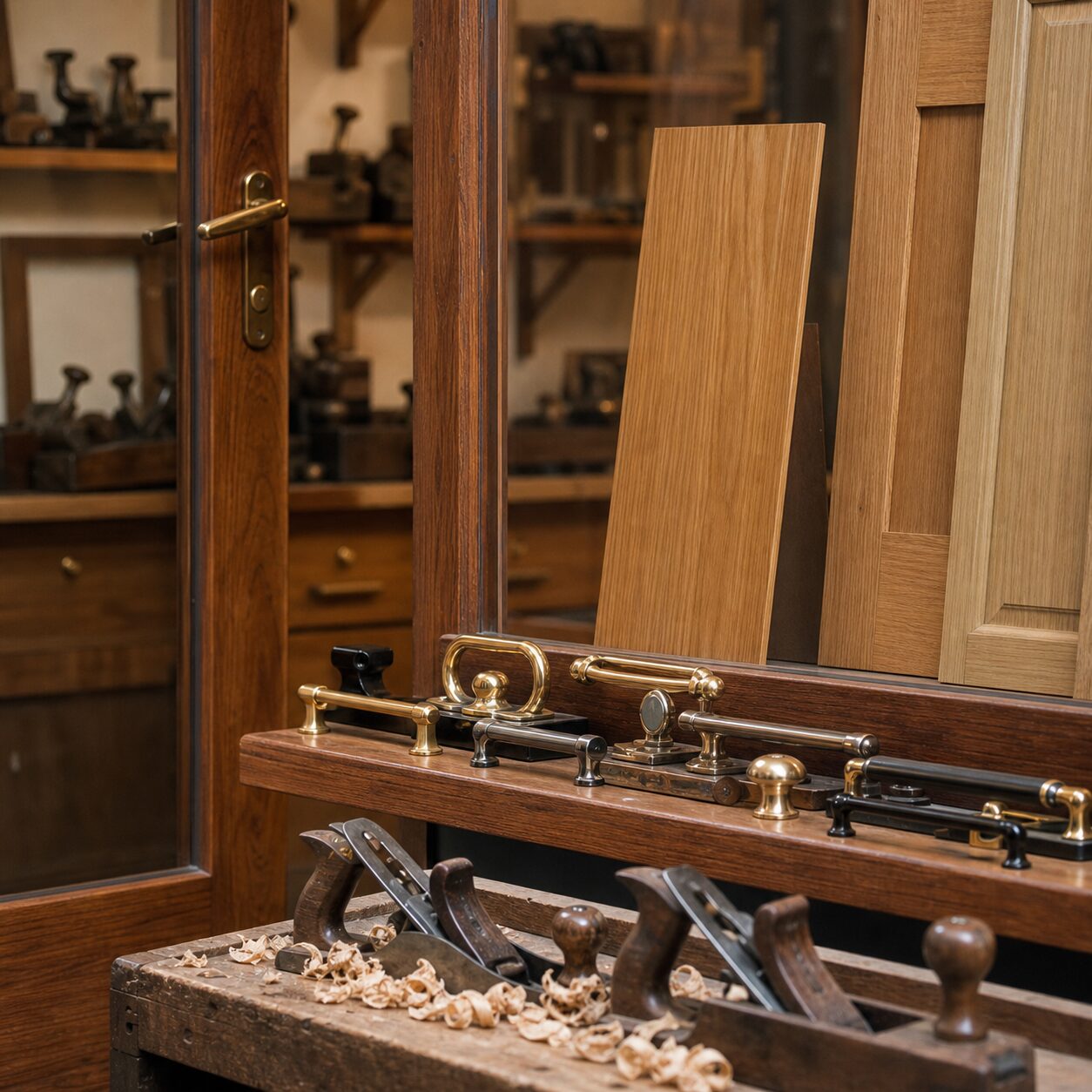 Primer plano de cepillos, tiradores y paneles de madera en un taller de Bolonia