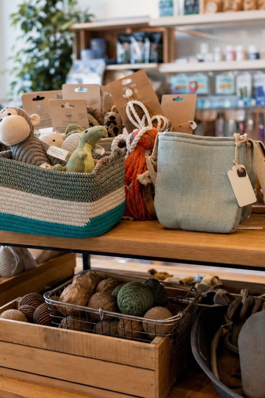 Close view of a pet accessory display