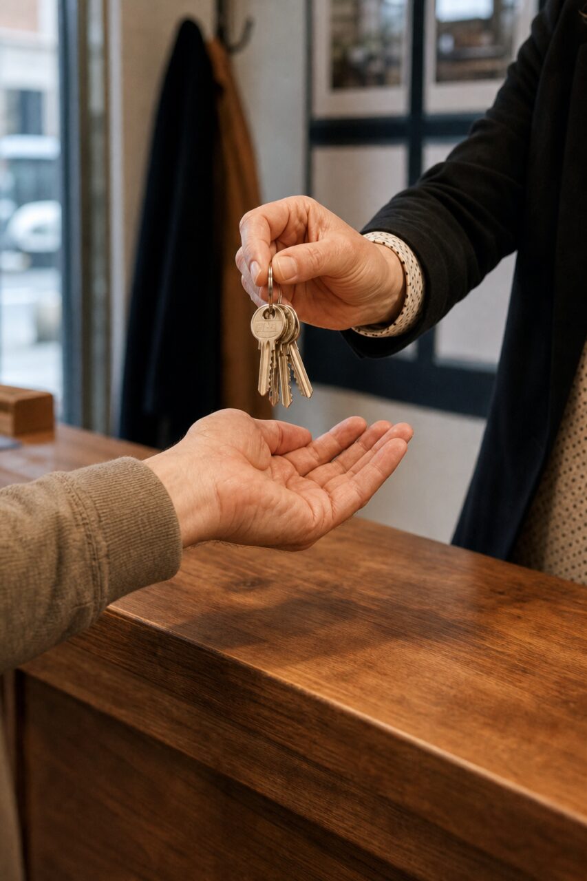 Primo piano di una consegna di chiavi immobiliari
