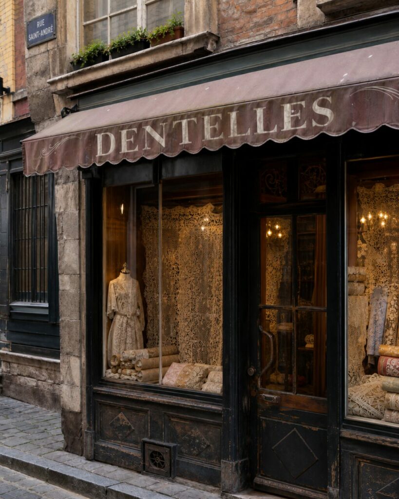 Gros plan sur la boutique DENTELLES à Lille, marquise patinée et étoffes brodées