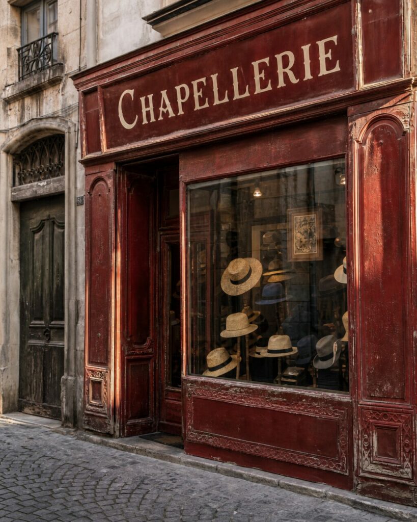 Gros plan sur la chapellerie d’Avignon, enseigne patinée et chapeaux derrière la vitrine