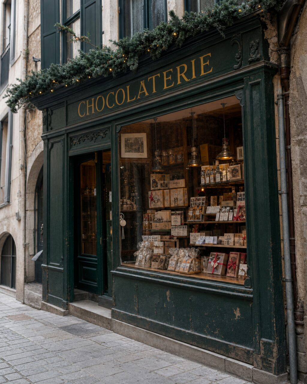 Primo piano della cioccolateria di Grenoble, insegna dorata e confezioni in vetrina