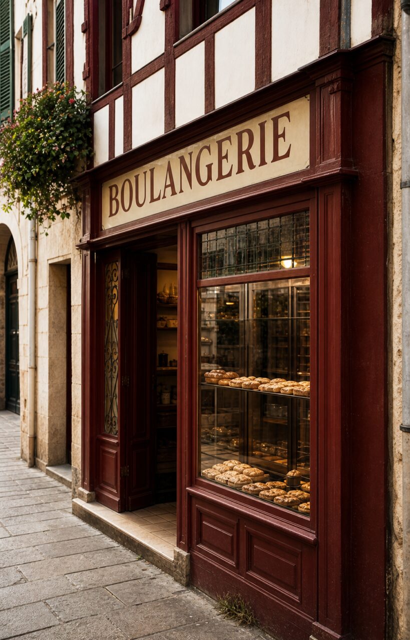 Nahaufnahme einer Bäckereifassade in Bayonne mit altem Schild und Brot im Schaufenster