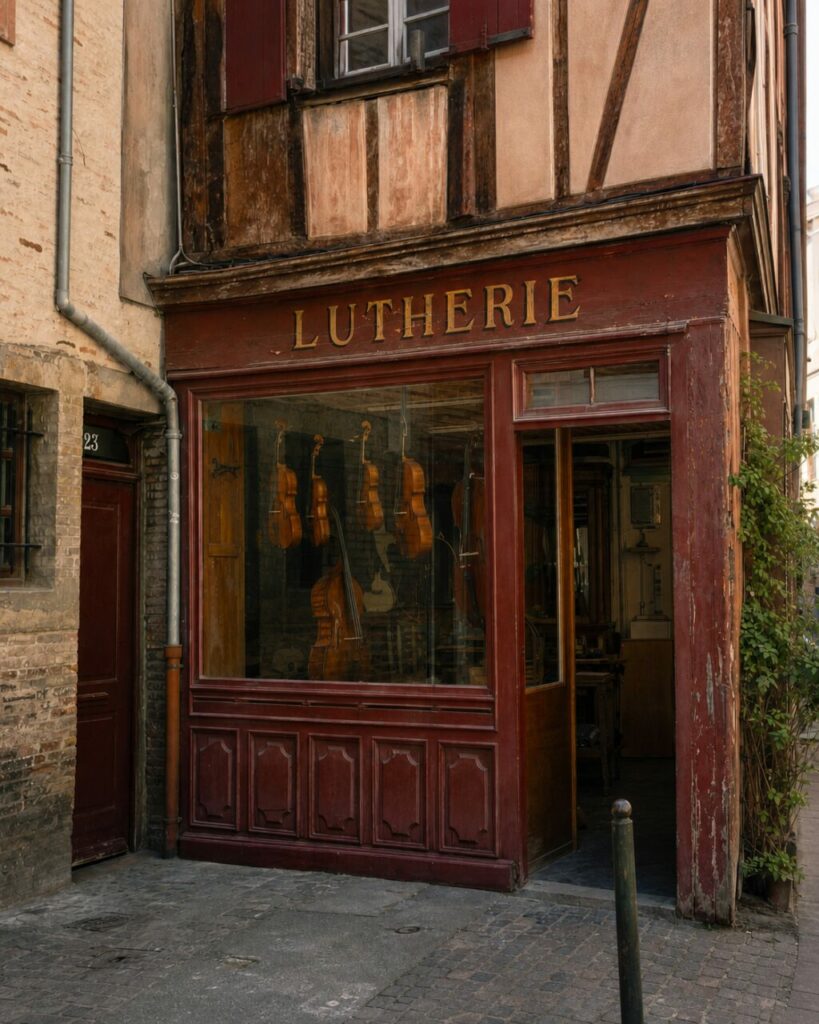 Gros plan sur la lutherie de Toulouse, violons derrière la vitrine et porte entrouverte