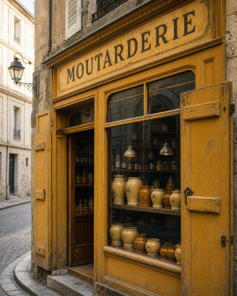 Gros plan sur la moutarderie de Dijon, enseigne patinée et pots en céramique