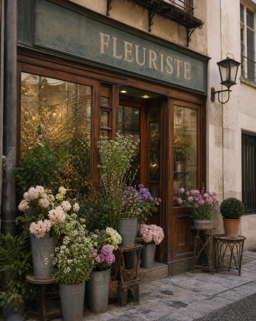 Gros plan sur le fleuriste de Tours, enseigne patinée et bouquets fleuris devant la vitrine