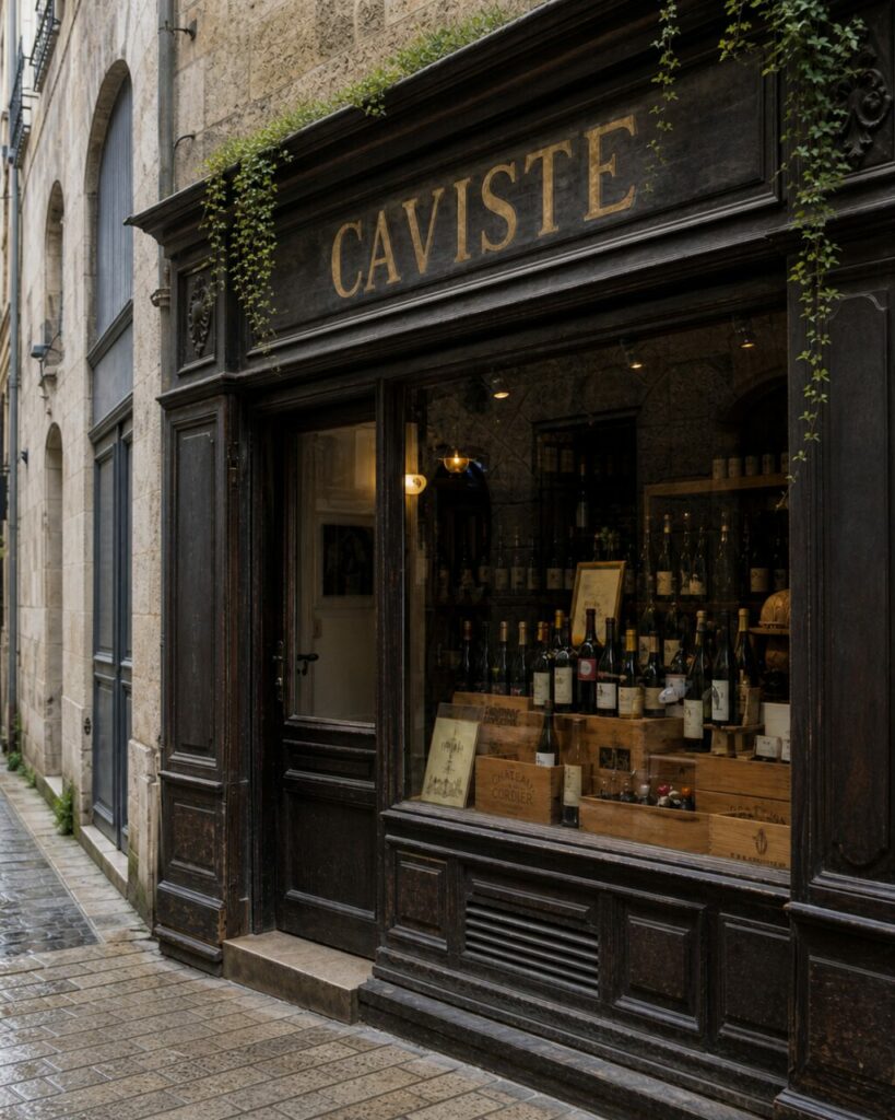Gros plan sur un caviste bordelais, bouteilles alignées derrière une devanture en bois sombre