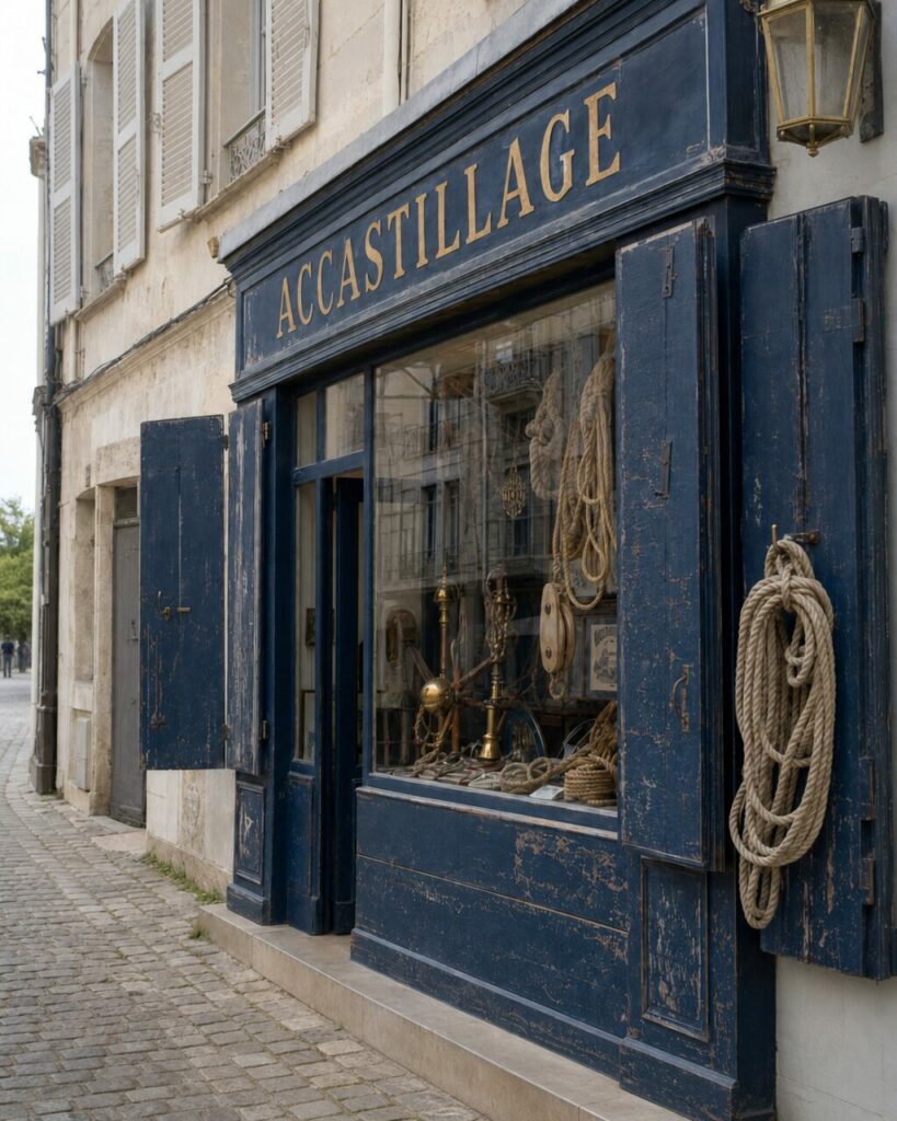 Gros plan sur une boutique d’accastillage à La Rochelle, cordages et poulies derrière les volets bleus