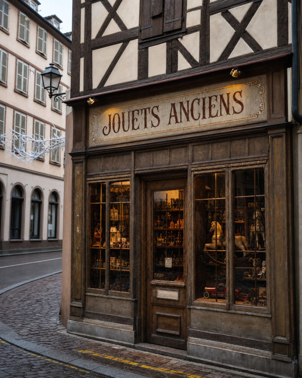 Nahaufnahme eines antiken Spielzeugladens in Straßburg, Spielzeug unter einer Fachwerkfassade